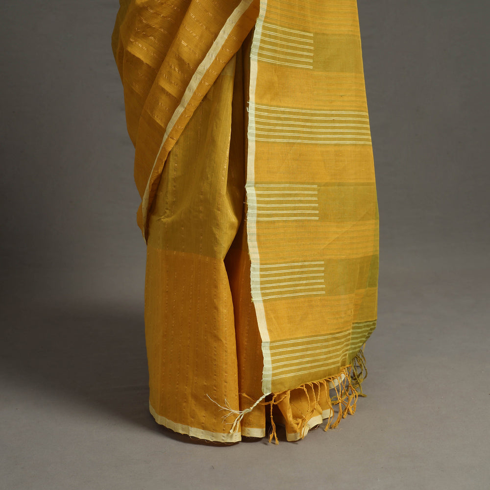 Yellow - Zari Stripes Turned Weft Bars Cotton Handloom Saree 66