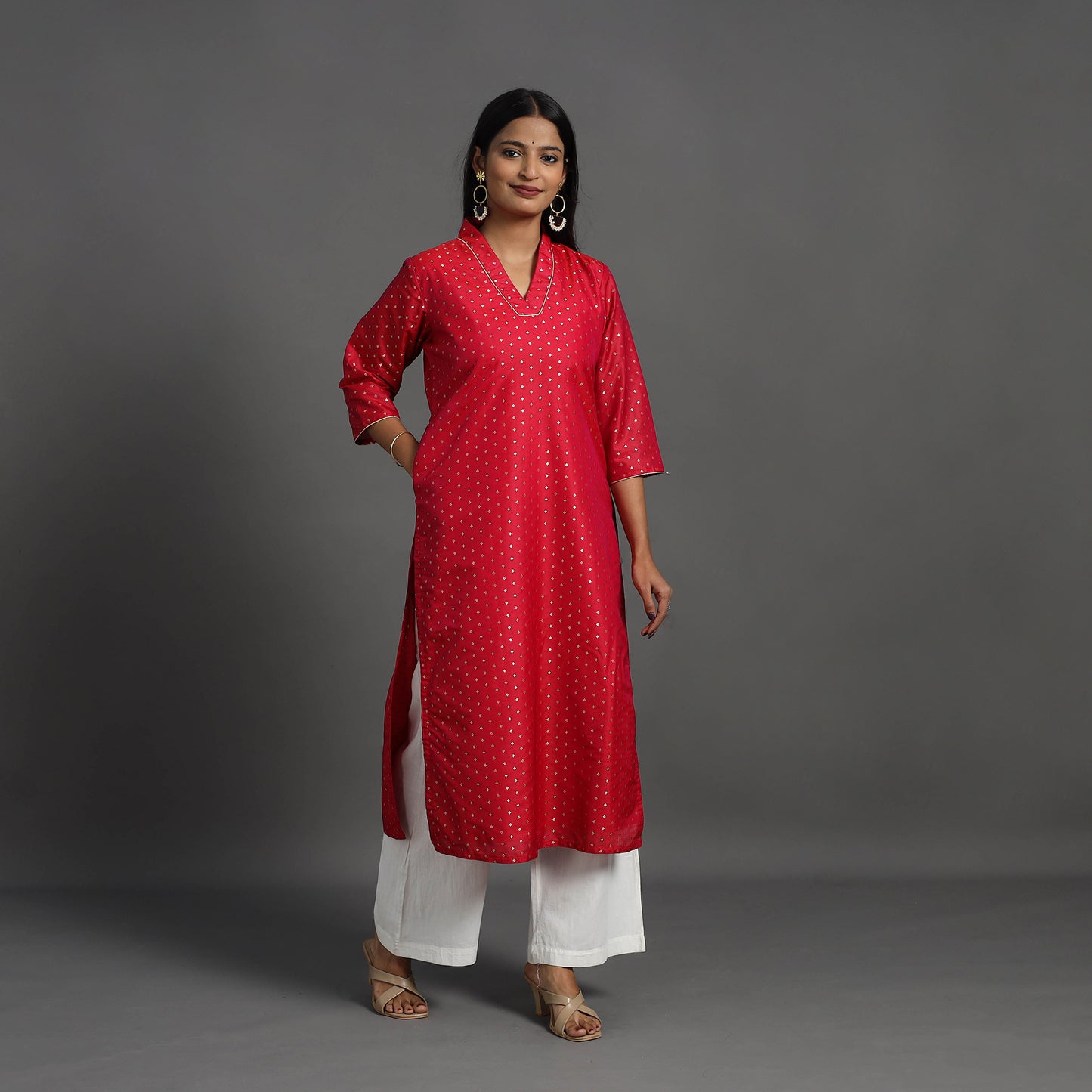 Red - Traditional Cutwork Zari Buti Banarasi Silk Kurta 02