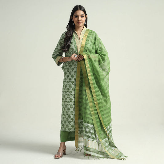 Green - Mangalagiri Block Printed Handloom Cotton Kurta with Palazzo & Dupatta Set