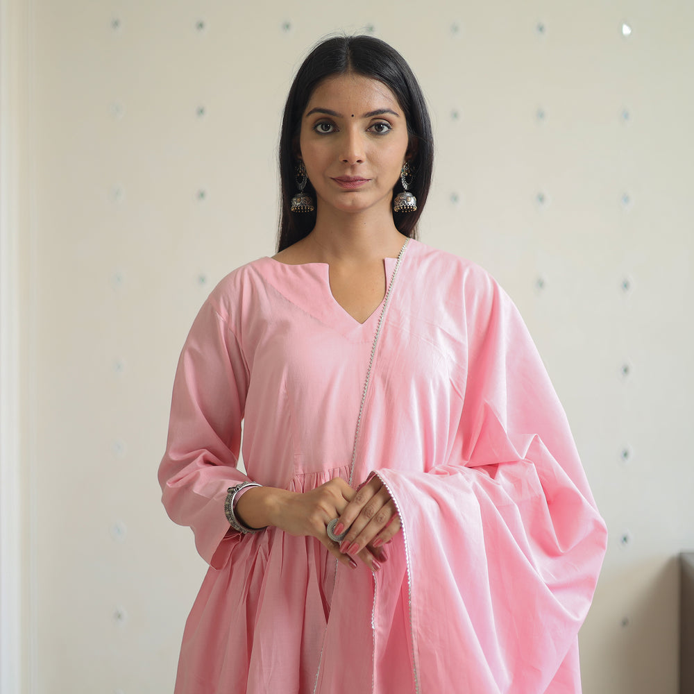 Rosie Pink Cotton Flared Kurta with Palazzo & Dupatta Set