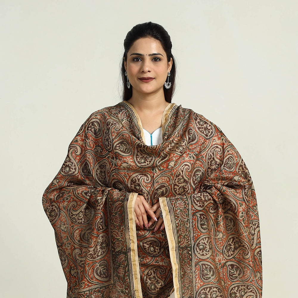 Orange - Pedana Block Print Chanderi Silk Kalamkari Dupatta 04