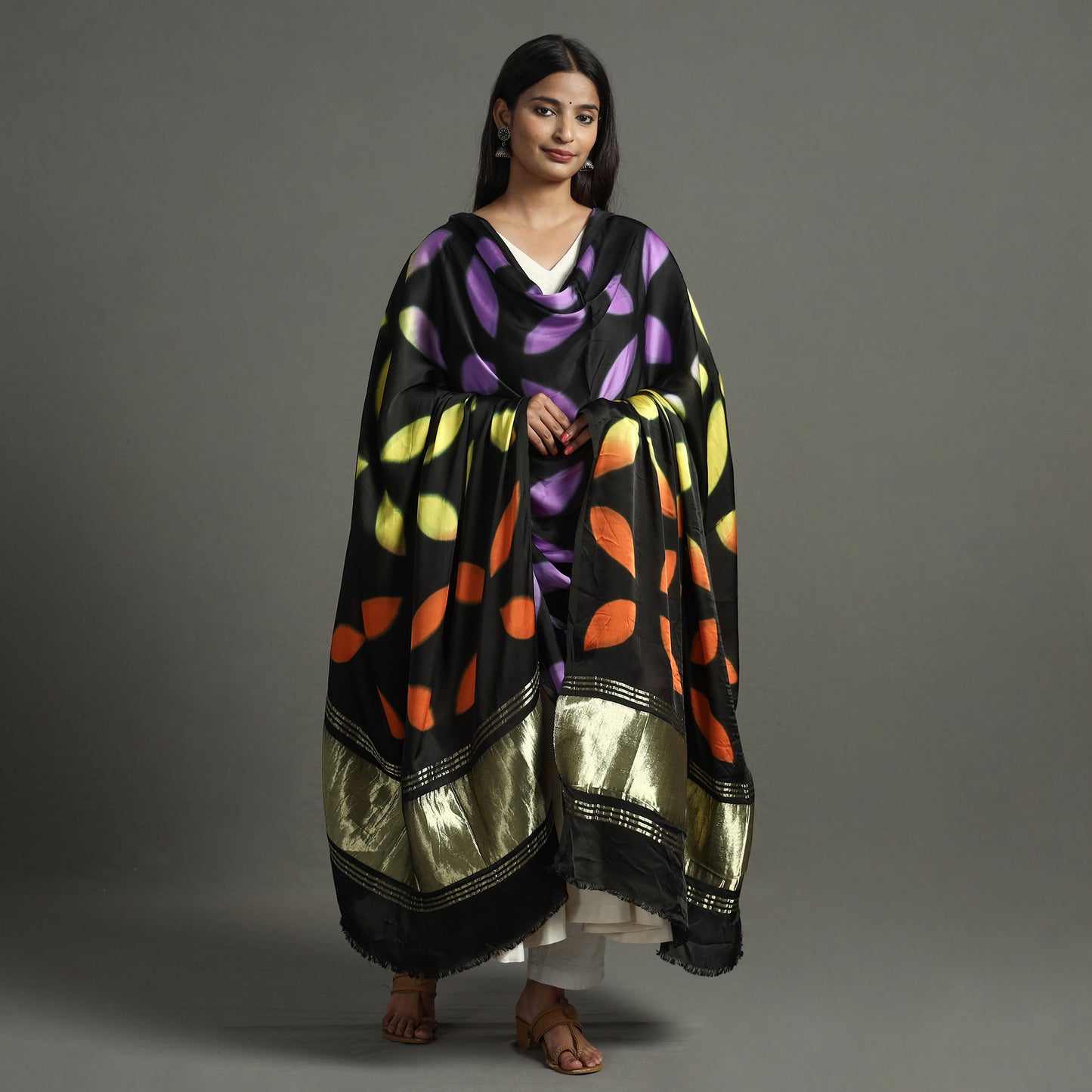 Multicolor - Shibori Clamp Dyed Modal Silk Dupatta with Zari Border 16