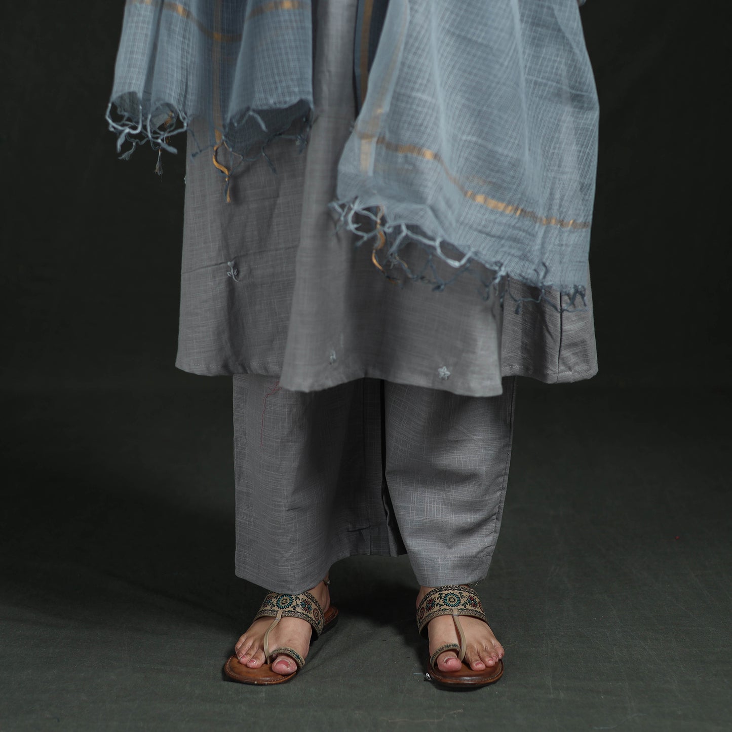 Plain Slub Cotton Hand Embroidered Suit Set with Dupatta for women 11