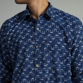 Blue - Indigo Block Printed Cotton Men Full Sleeve Shirt 13