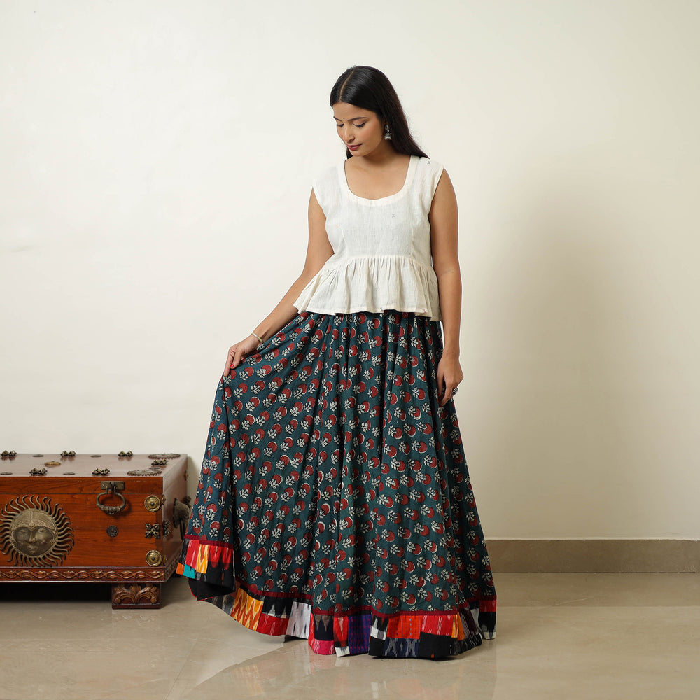 Green - Hand Block Printed Cotton Long Bagru Skirt 04