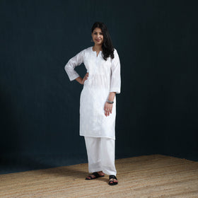 White - Hand Embroidered Mul Chanderi Chikankari Kurta with Palazzo Set for Women 22