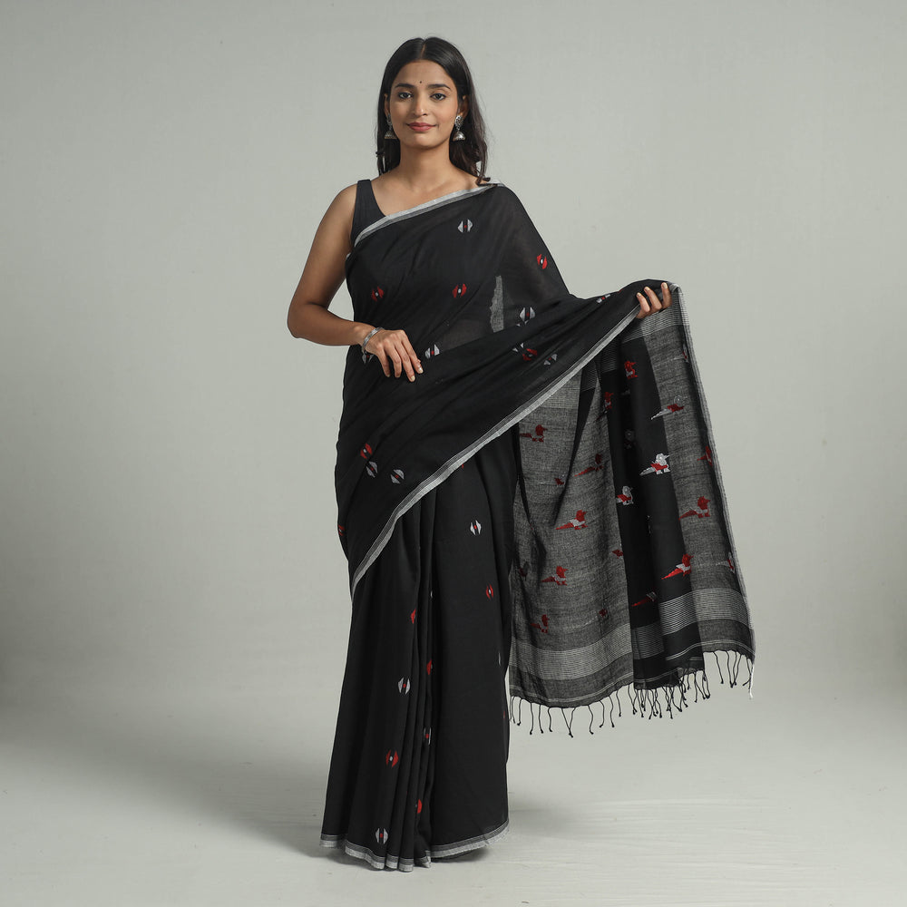 Black - Handloom Cotton Phulia Jamdani Saree with Tassels 18