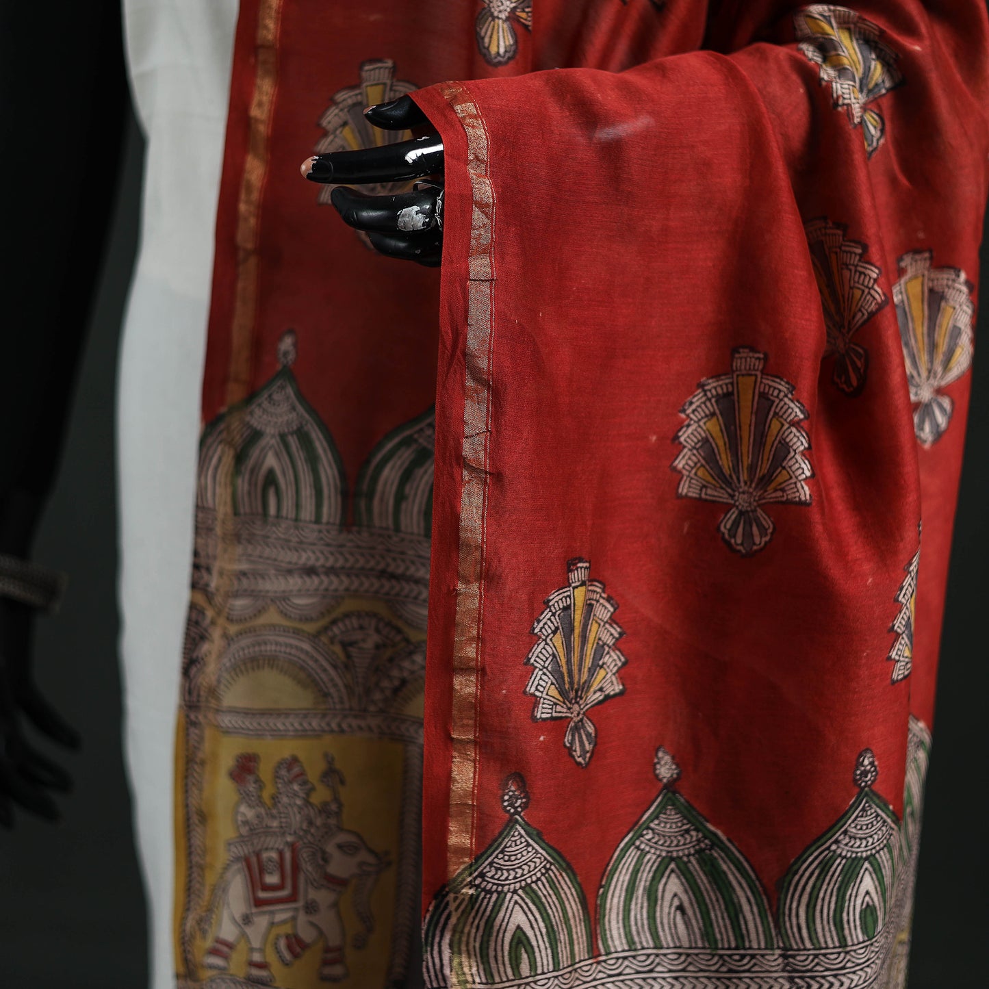 Red - Mata Ni Pachedi Handpainted Natural Dyed Chanderi Silk Handloom Dupatta 17