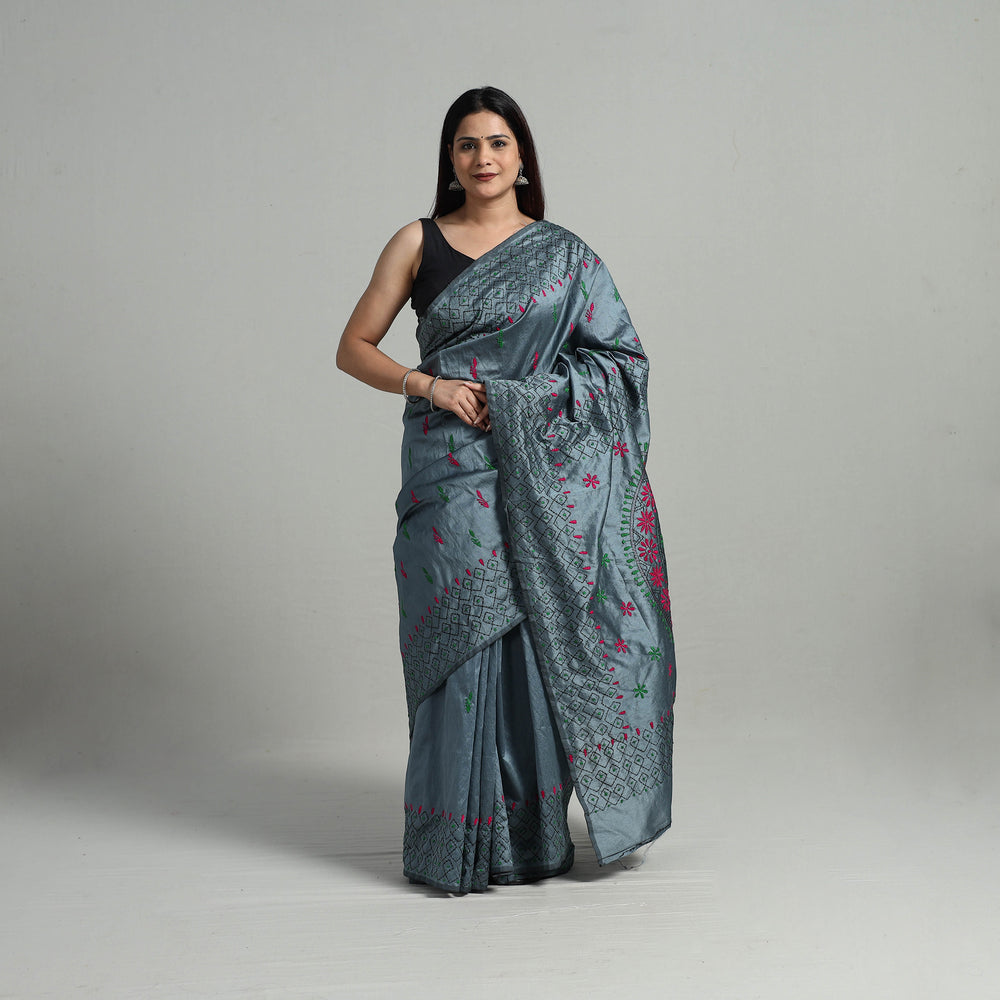 Grey - Handcrafted Bengal Nakshi Kantha Work Silk Saree 05