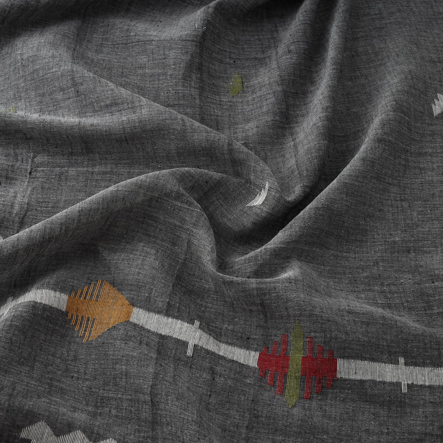 Grey - Pure Handloom Cotton Bengal Jamdani Fabric 12