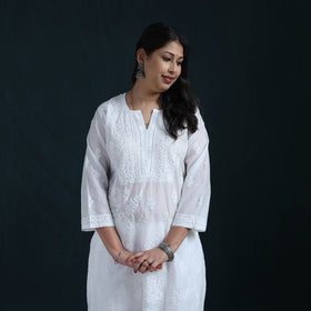White - Hand Embroidered Mul Chanderi Chikankari Kurta with Palazzo Set for Women 22
