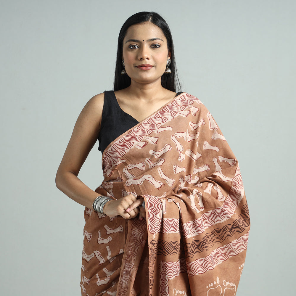 Brown - Bindaas Art Block Printed Natural Dyed Cotton Saree 36