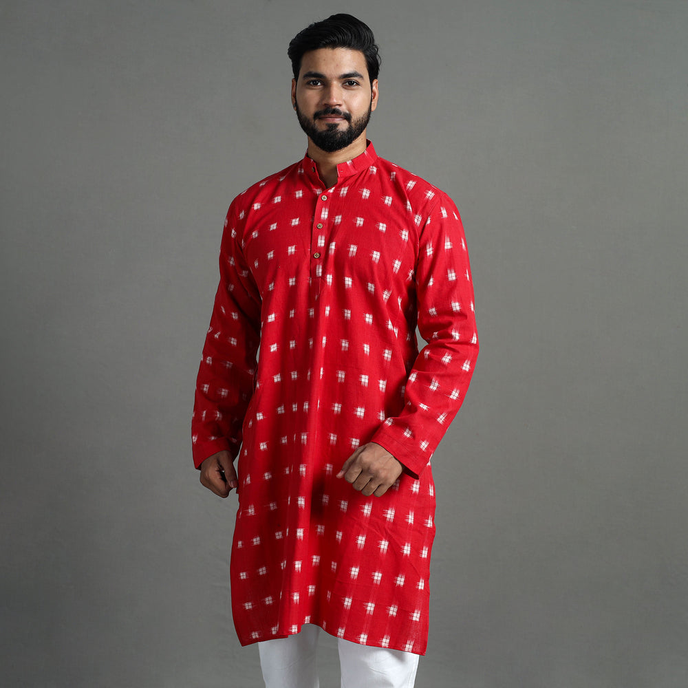 Red - Pochampally Ikat Cotton Men Long Kurta