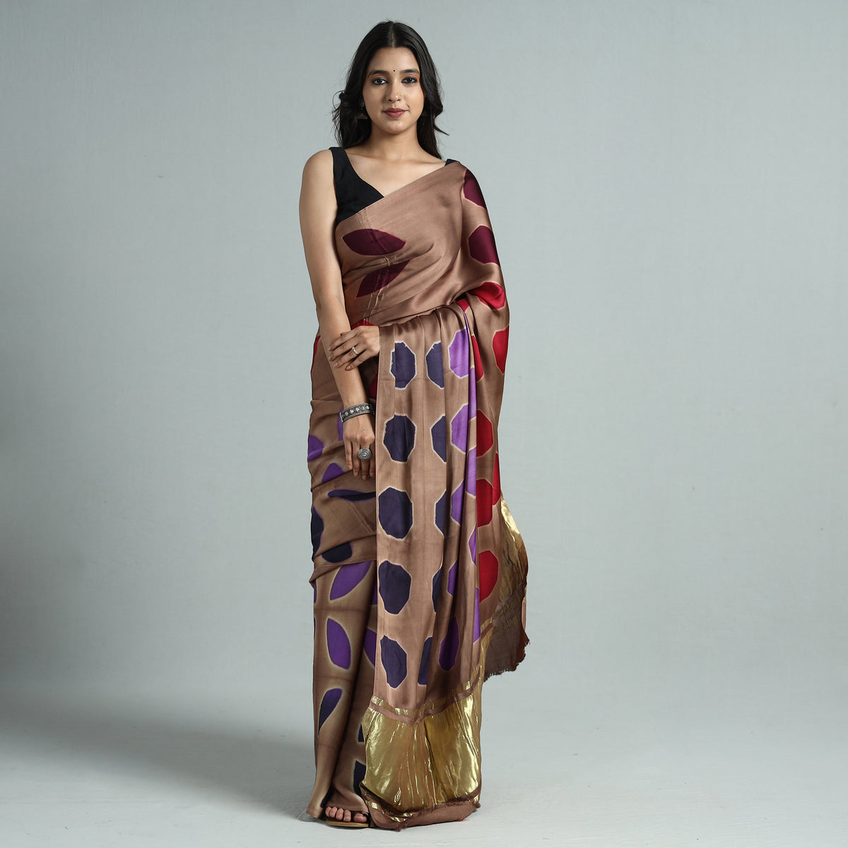 Brown - Shibori Clamp Dyed Modal Silk Saree with Zari Border 05