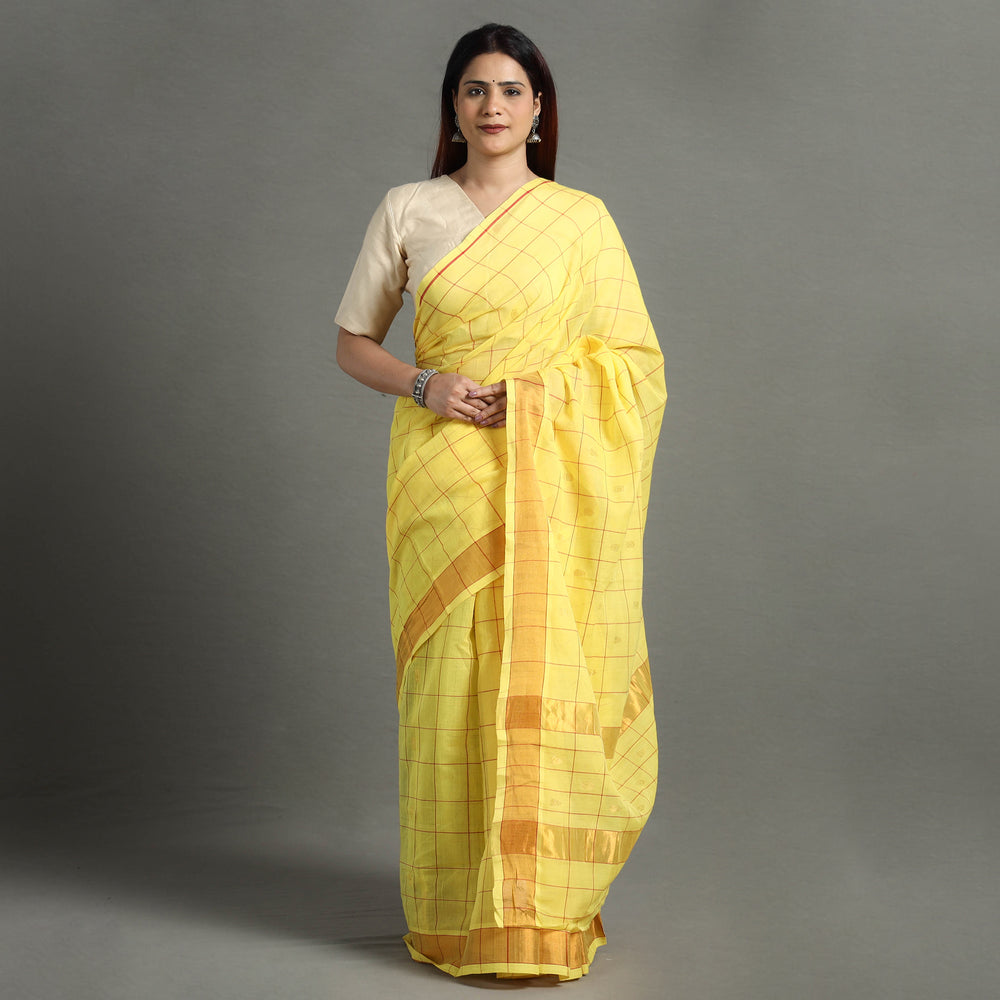 Yellow - Traditional Venkatagiri Handloom Cotton Checks Saree with Thread & Zari Buti 23