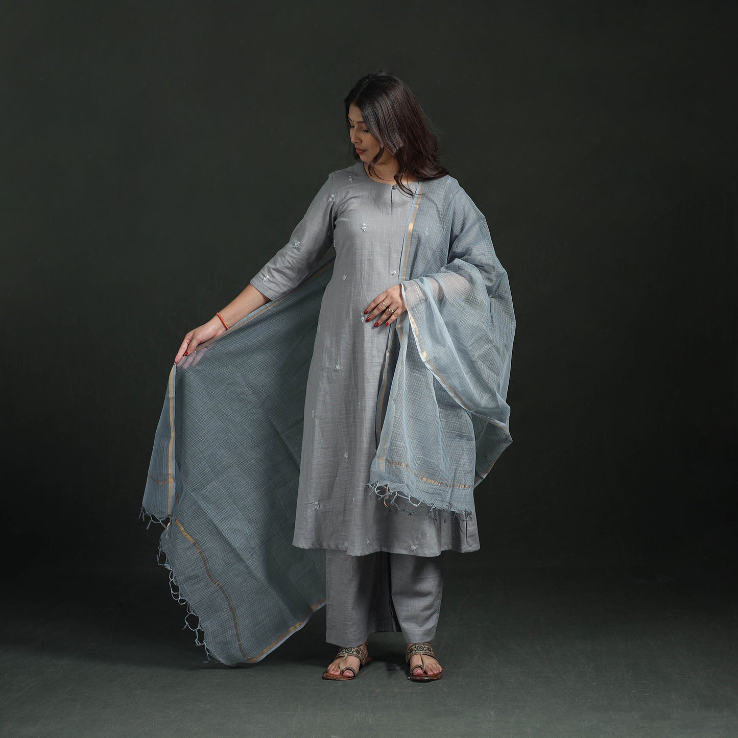 Plain Slub Cotton Hand Embroidered Suit Set with Dupatta for women 11