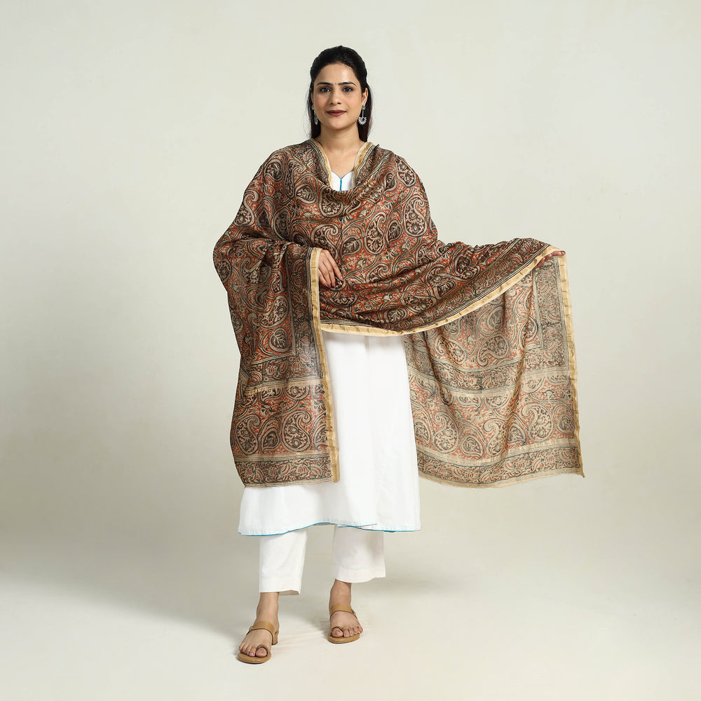 Orange - Pedana Block Print Chanderi Silk Kalamkari Dupatta 04