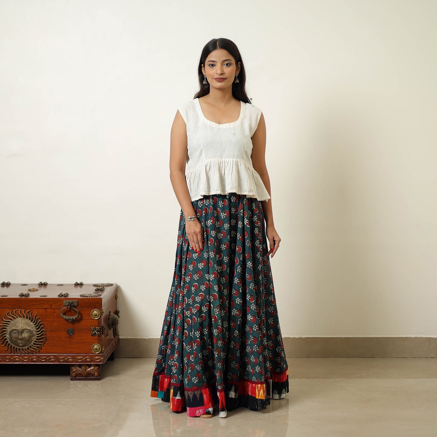 Green - Hand Block Printed Cotton Long Bagru Skirt 04