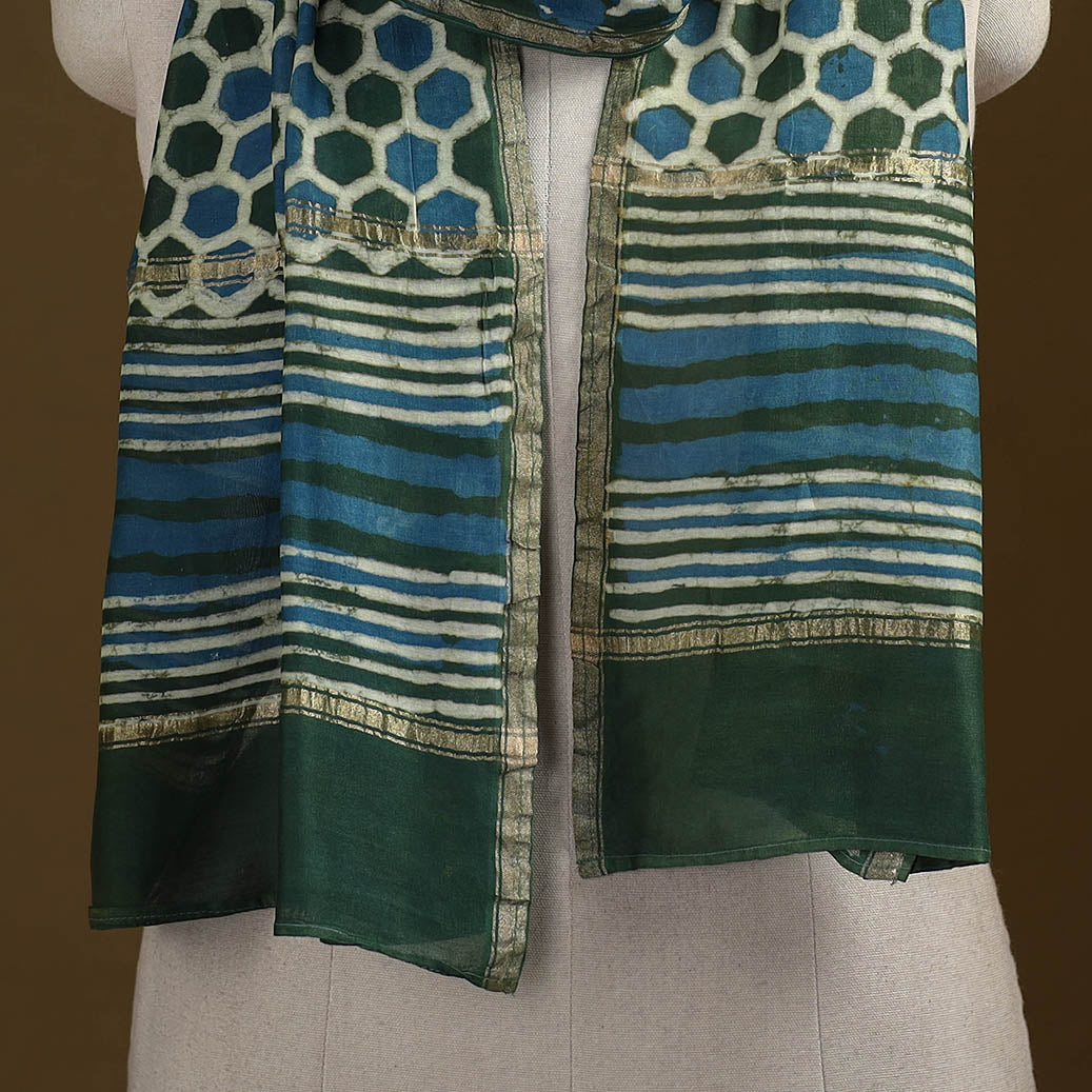 Green - Pipad Hand Block Print Natural Dyed Chanderi Silk Handloom Stole 73