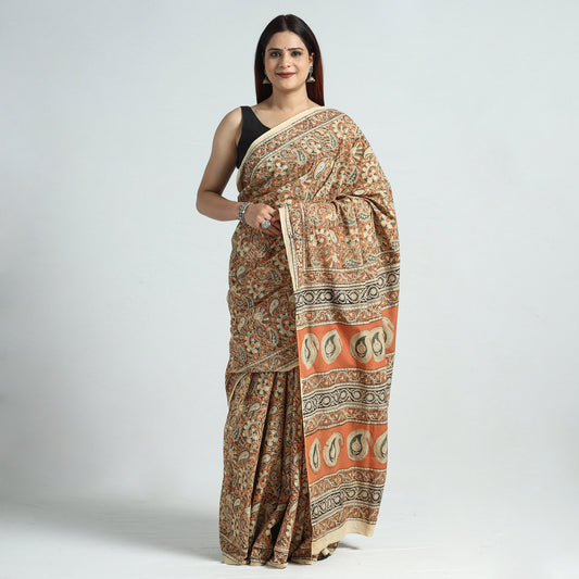 Brown - Pedana Kalamkari Block Printed Cotton Saree with Blouse Piece 02