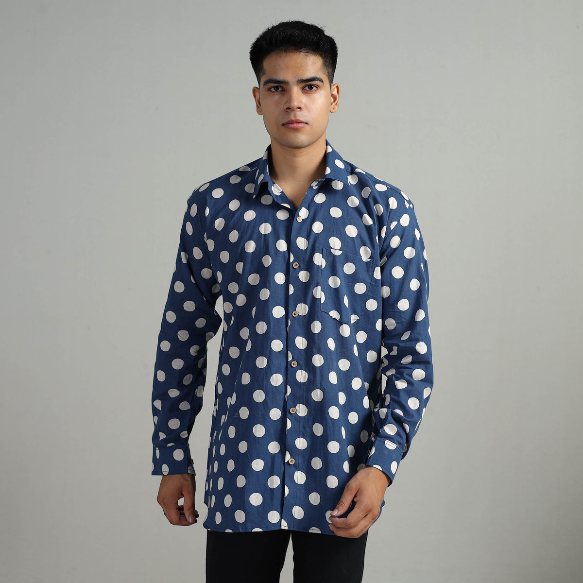 Blue - Indigo Block Printed Cotton Men Full Sleeve Shirt 12