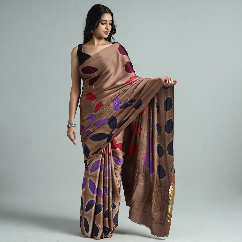 Brown - Shibori Clamp Dyed Modal Silk Saree with Zari Border 05