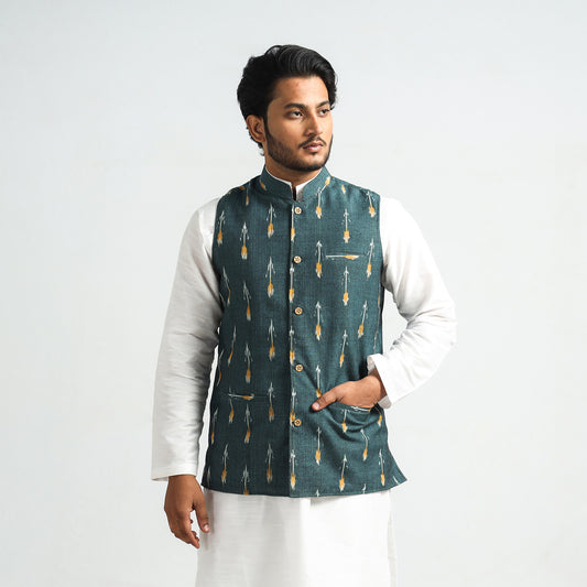 Viridian Green - Pochampally Ikat Cotton Men Nehru Jacket