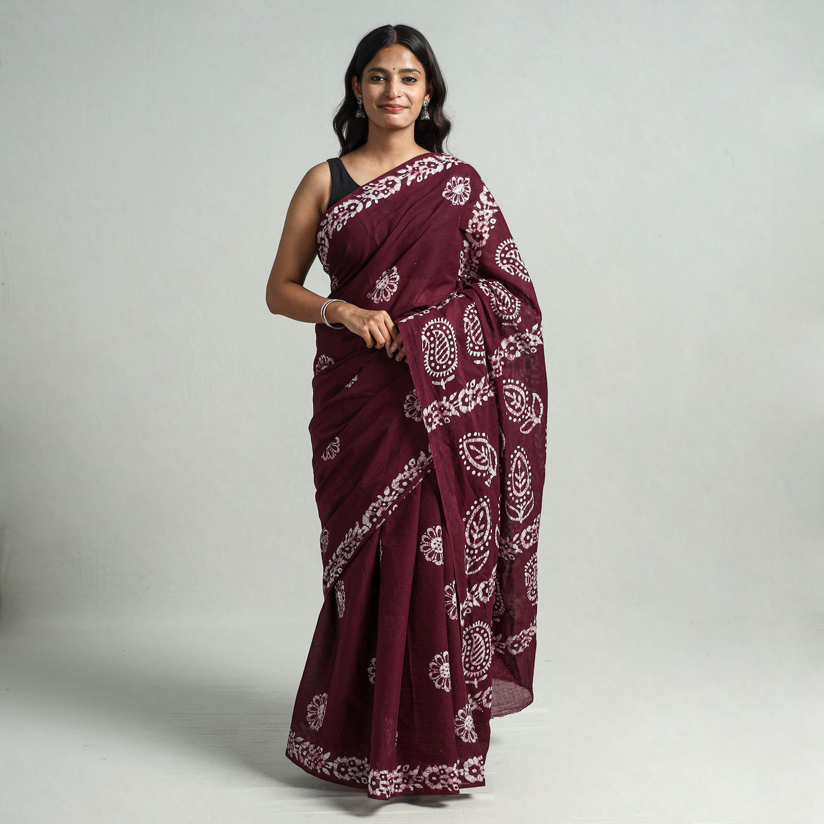 Brown - Hand Batik Printed Cotton Saree with Blouse Piece 09