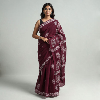 Brown - Hand Batik Printed Cotton Saree with Blouse Piece 09