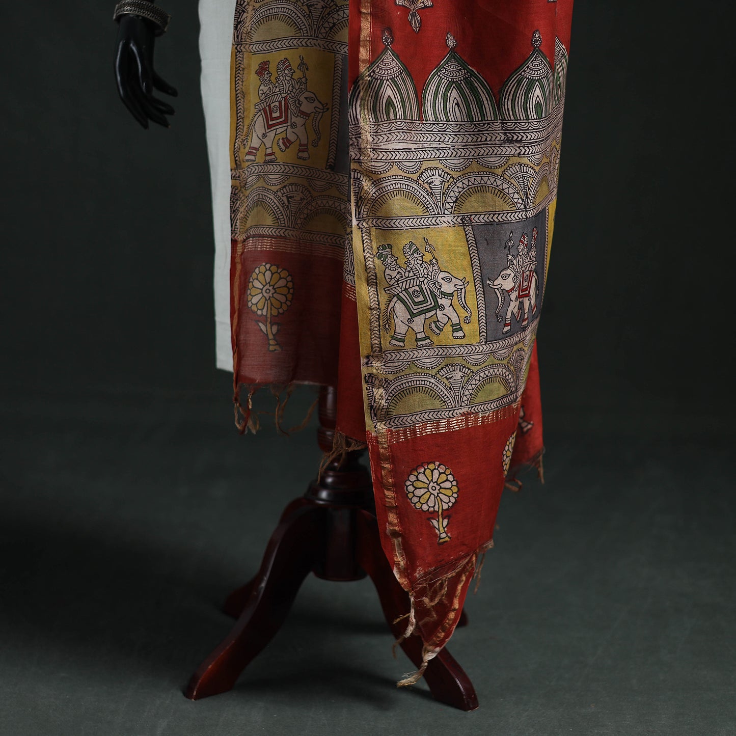 Red - Mata Ni Pachedi Handpainted Natural Dyed Chanderi Silk Handloom Dupatta 17