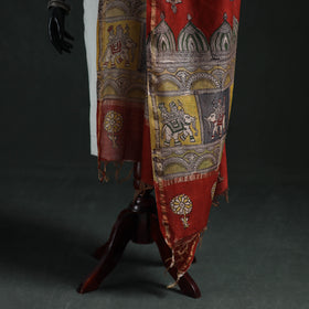 Red - Mata Ni Pachedi Handpainted Natural Dyed Chanderi Silk Handloom Dupatta 17