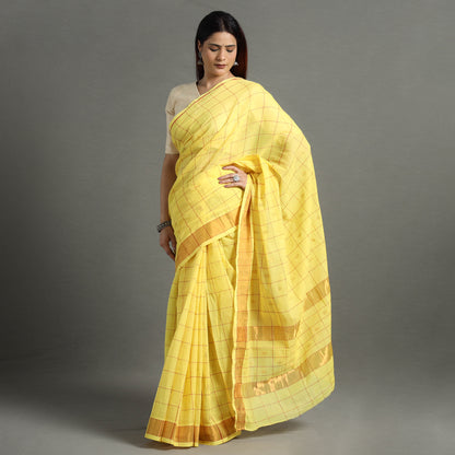 Yellow - Traditional Venkatagiri Handloom Cotton Checks Saree with Thread & Zari Buti 23