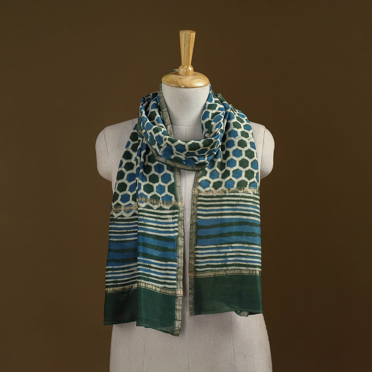 Green - Pipad Hand Block Print Natural Dyed Chanderi Silk Handloom Stole 73
