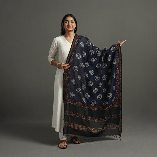 Blue - Block Printed Chanderi Silk Bagru Dupatta 89