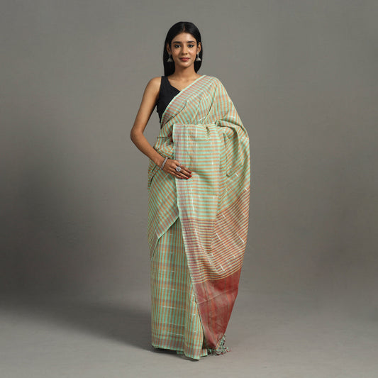 Green - Zari Stripes Cotton Handloom Saree 13