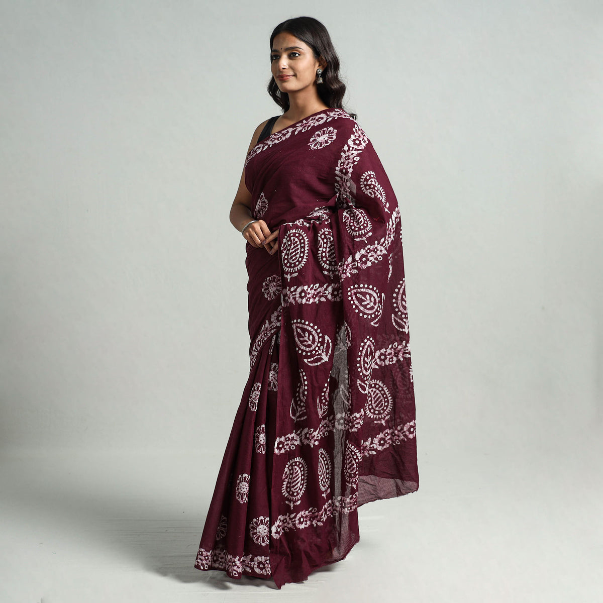 Brown - Hand Batik Printed Cotton Saree with Blouse Piece 09