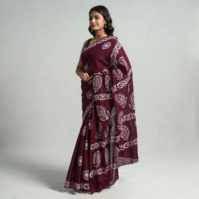 Brown - Hand Batik Printed Cotton Saree with Blouse Piece 09