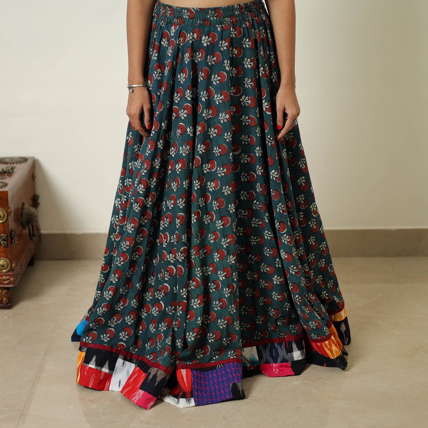 Green - Hand Block Printed Cotton Long Bagru Skirt 04