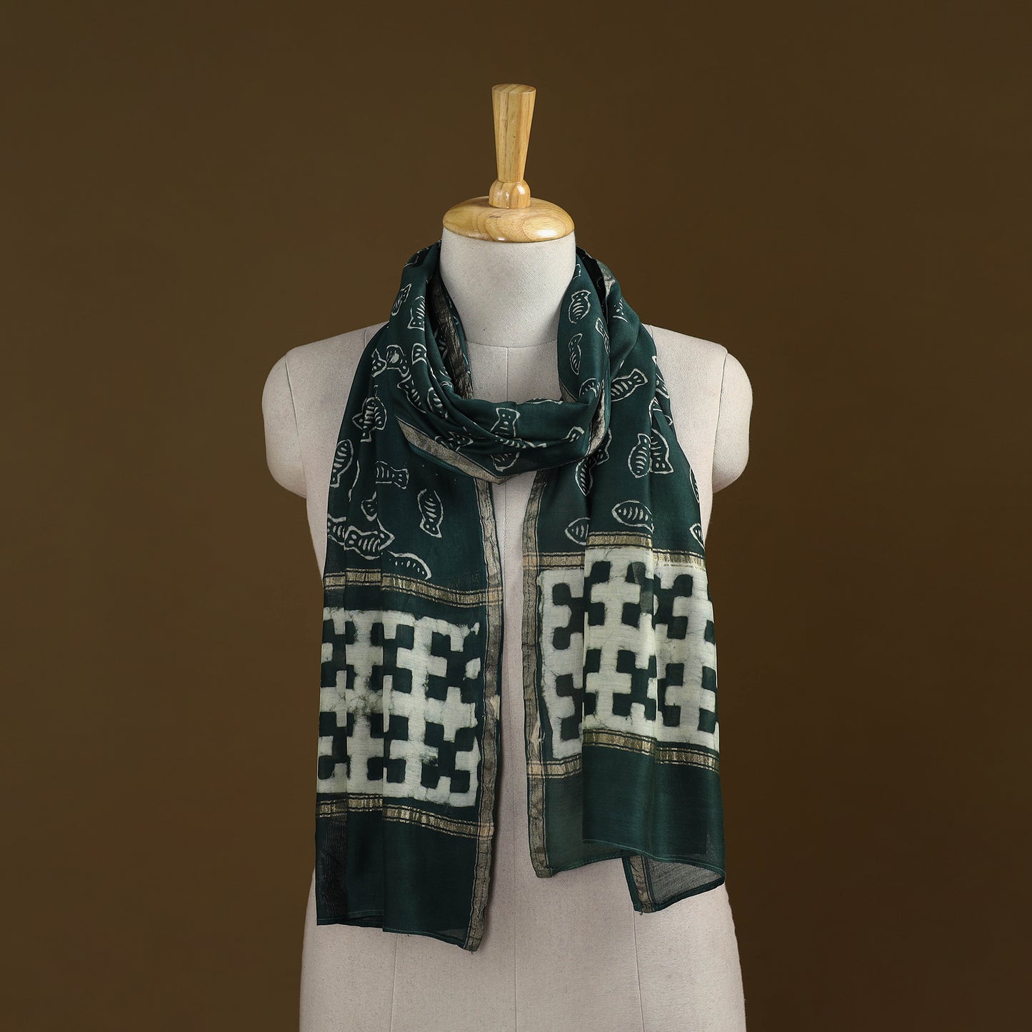Green - Pipad Hand Block Print Natural Dyed Chanderi Silk Handloom Stole 74