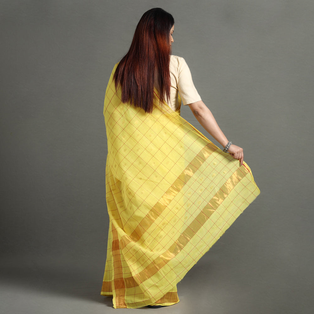 Yellow - Traditional Venkatagiri Handloom Cotton Checks Saree with Thread & Zari Buti 23