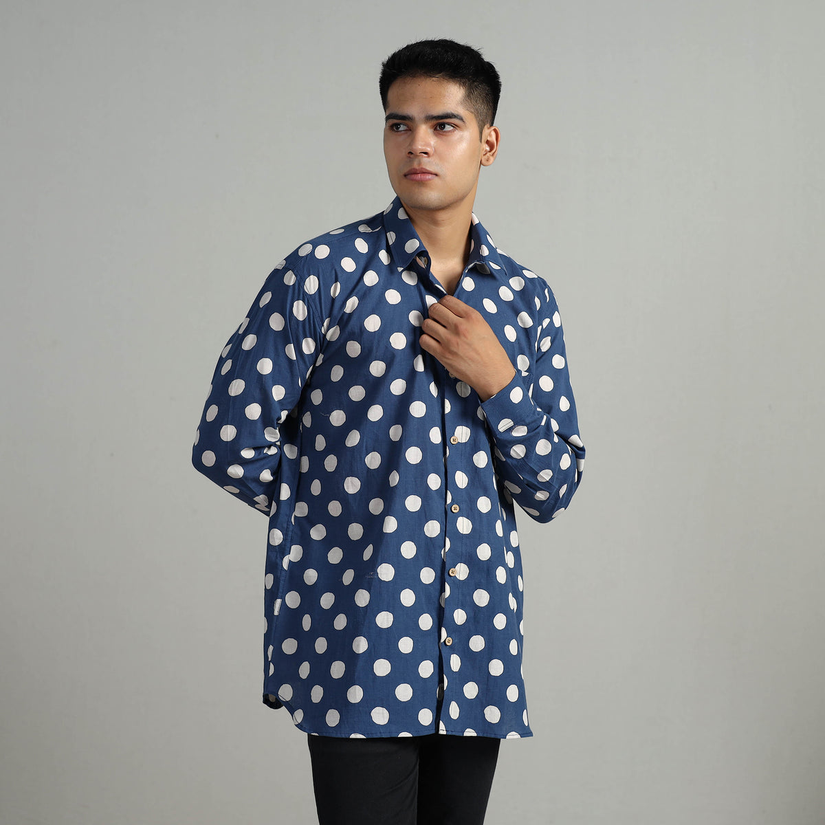 Blue - Indigo Block Printed Cotton Men Full Sleeve Shirt 12