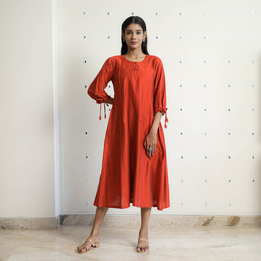 Sunny Dark Orange Slub Silk Plain Dress