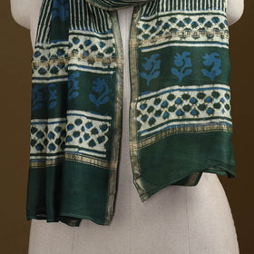 Green - Pipad Hand Block Print Natural Dyed Chanderi Silk Handloom Stole 75