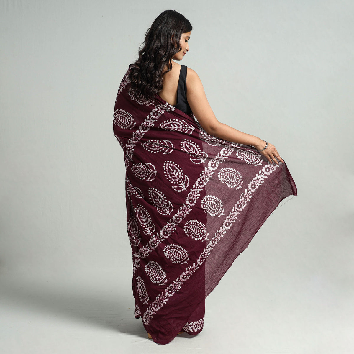 Brown - Hand Batik Printed Cotton Saree with Blouse Piece 09