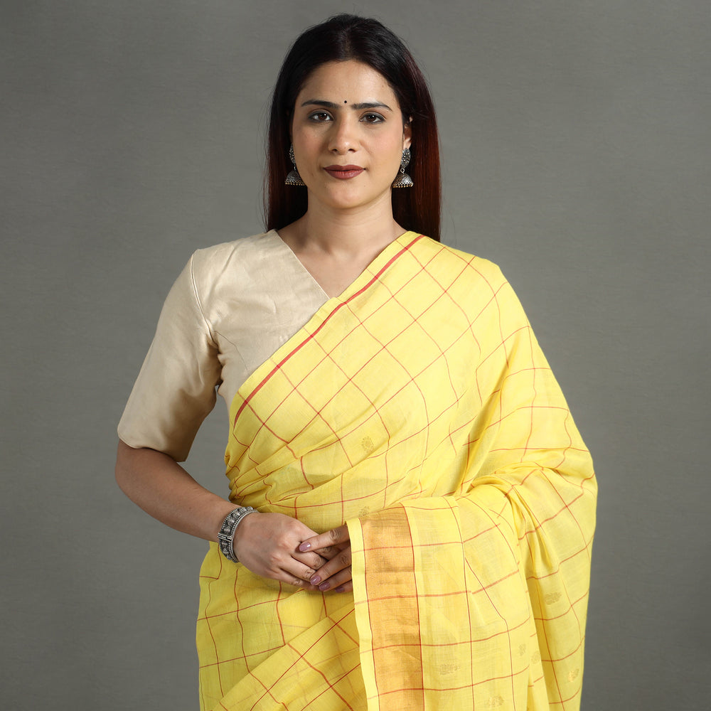 Yellow - Traditional Venkatagiri Handloom Cotton Checks Saree with Thread & Zari Buti 23