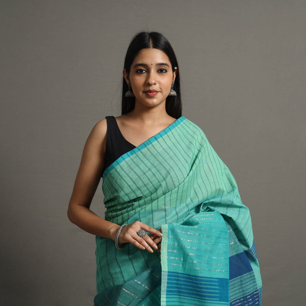 Green - Zari Stripes Turned Weft Bars Cotton Handloom Saree 67