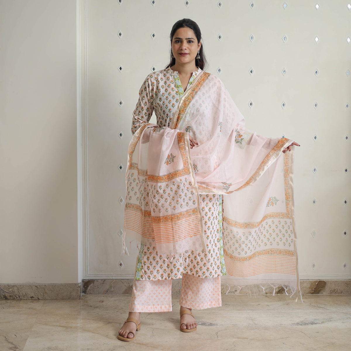 Peach - Sanganeri Block Print Cotton Kurta Suit Set 11