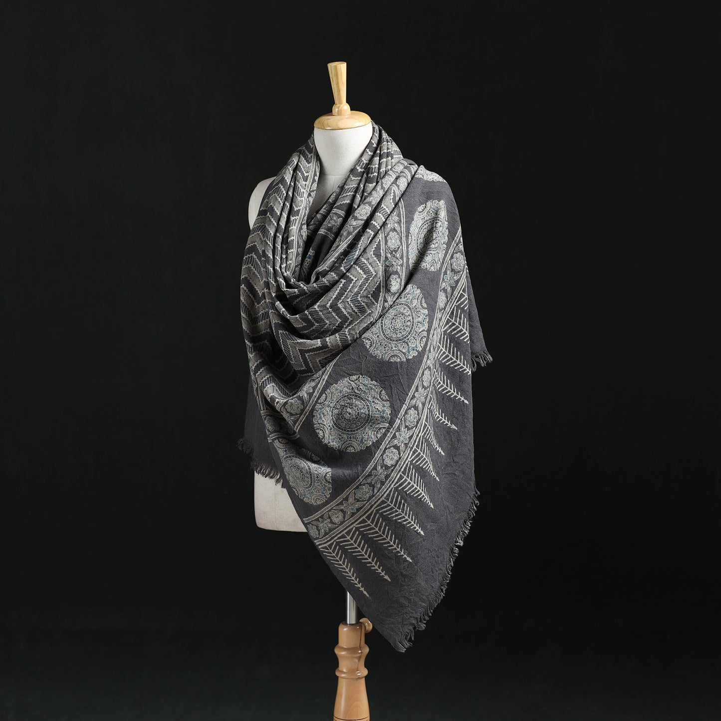 Ajrakh Hand Block Print Natural Dyed Handwoven Acrylic Wool Shawl 24