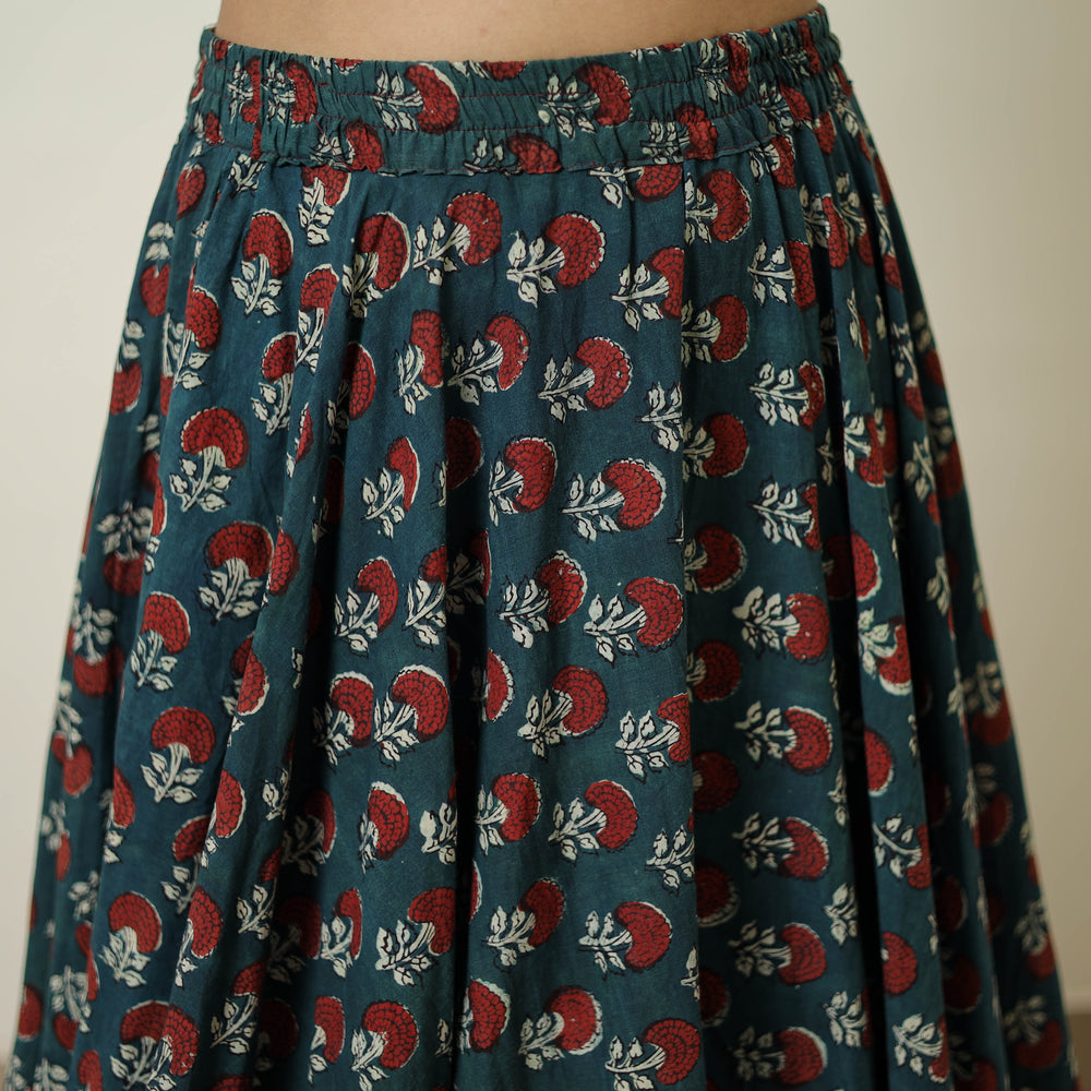 Green - Hand Block Printed Cotton Long Bagru Skirt 04