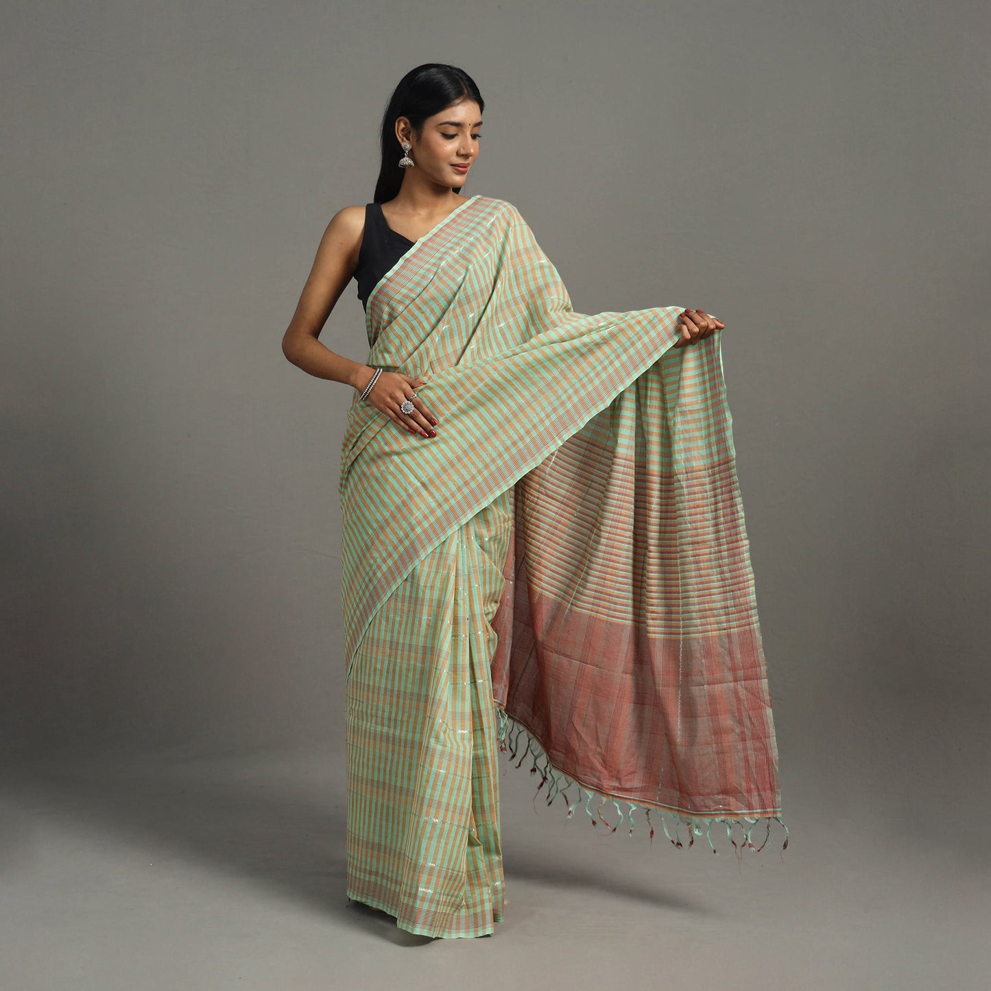 Green - Zari Stripes Cotton Handloom Saree 13